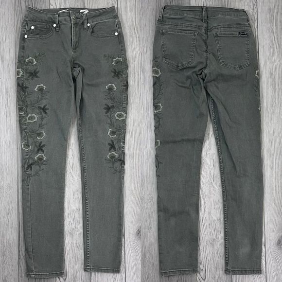 Seven7 Denim - Seven7 Women Size 4 Green Floral Embroidered Cotton Skinny Leg Denim Jeans